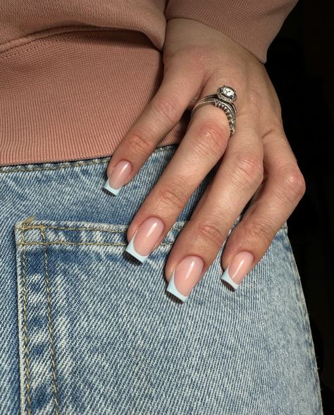 French Baby blue 🐬 Soft cover 5 &diamond top coat @_almascreation_ #protesisteongulaire #nails #onglesalbi #french #babybluenails Baby Blue French Tips, Baby Blue French Tip, Blue French Tips, Baby Blue Nails, French Baby, Diamond Top, Blue French, Blue Soft, Soft Cover