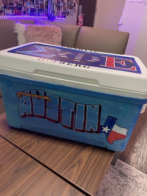 Greetings From Austin Cooler, Austin Frat Formal Cooler, Austin Frat Cooler, Austin Formal Cooler, Sae Cooler, Frat Bro, Painted Fraternity Coolers, Nola Cooler, Formal Coolers