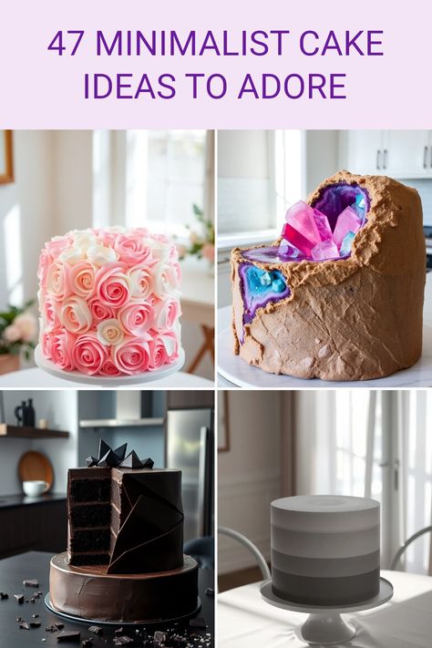 Four captivating minimalist cake designs, including an ombre rose cake and geometric chocolate cake. Discover stunning inspirations for simple yet elegant cake ideas, perfect for any celebration. Simple Birthday Cake Decorations, Minimalist Cake Ideas, Simple Cake Designs For Men, Minimalist Cake Designs, Ombre Rose Cake, Mens Birthday Cake, Easy Cake Ideas, Cake Design For Men, Minimalist Cake