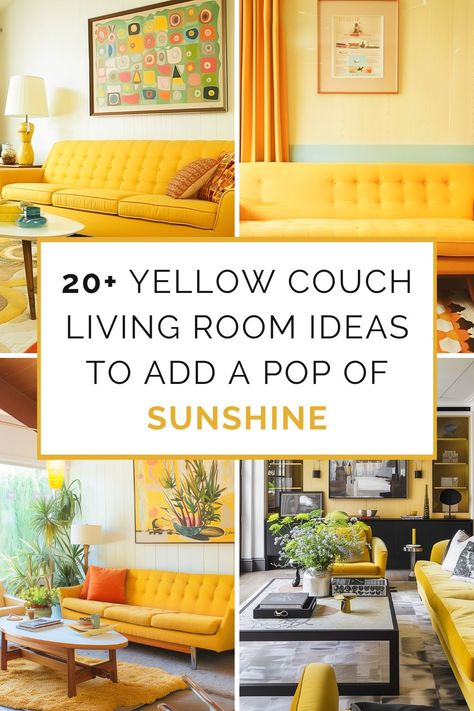 Modern Yellow Living Room, Yellow Couch Styling, Living Room With Yellow Sofa, Living Room With Yellow Couch, Yellow Furniture Living Room, Yellow Couch Decor, Mustard Sofa Living Room Ideas, Yellow Sofa Design, Yellow Sofa Living Room Ideas