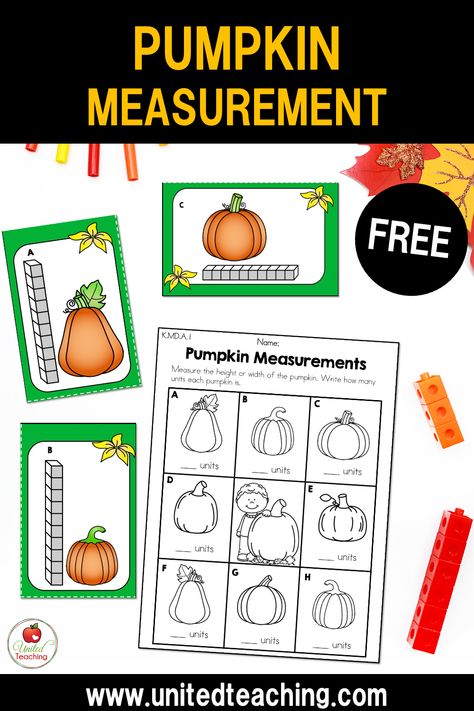 Explore non-standard measurement with our Pumpkin Measurement Math Center. Kindergarten students will have a blast counting blocks to measure the height and width of the different pumpkin task cards and recording their answers on the included worksheet – a fun and practical way to learn during the Fall season! Use this in your Fall morning bins, Fall math centers, and small math groups. Pumpkin Measurement Activities, Fall Measurement Preschool, Measurement Centers Kindergarten, Fall Kindergarten Math Activities, Free Centers For Kindergarten, Pumpkin Math Activities Kindergarten, Fall Block Center Preschool, Non Standard Measurement Activities, Math Center Kindergarten