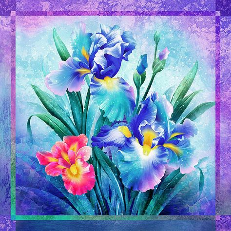 eQuilter Iris Dream - Sapphire Blue - 60" x 60" PANEL - DIGITAL Butterfly Panel Quilt Ideas, Dream Big Panel Quilt, The Iris Quilt Pattern, Dream Big Quilt Panel, Fabric Panel Quilts Purple Flowers, Whole Cloth Quilts, Orchid Purple, Thread Painting, Fabric Yardage