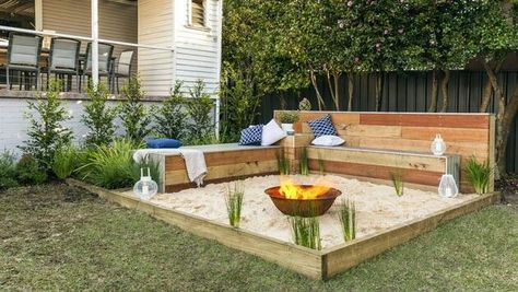 Sand Backyard, Sand Fire Pits, Pergola Shade Diy, Beach Fire Pit, Backyard Fire Pit, Beach Backyard, Backyard Beach, Garden Fire Pit, Fire Pit Area