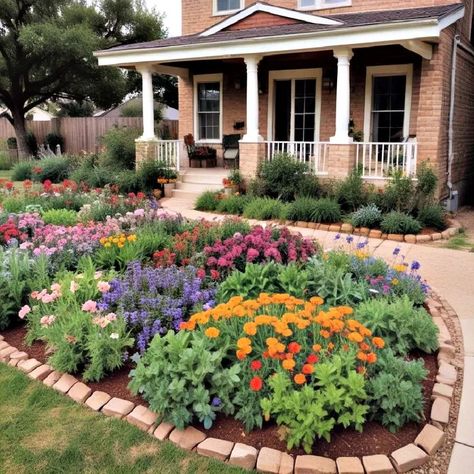 15 Front Yard Texas Flower Bed Ideas for Curb Appeal Front Lawn Garden Bed, Front Garden Bed Ideas Curb Appeal, Front Side Yard Landscaping, North Texas Flower Beds Front Yards, Texas Flower Beds Front Yards, Front Yard Garden Beds, Texas Flower Bed Ideas, Texas Flower Bed, Texas Landscaping Front Yard