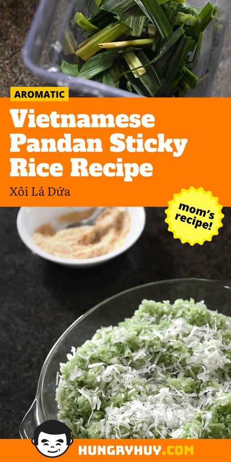 Pandan Sticky Rice w/ Shredded Coconut (Xôi Lá Dứa) Pandan Sticky Rice, Sticky Rice Recipe, Coconut Sticky Rice, Sweet Sticky Rice, Vietnamese Dessert, Rice Desserts, Asian Dessert, Japanese Street Food, Viet Food