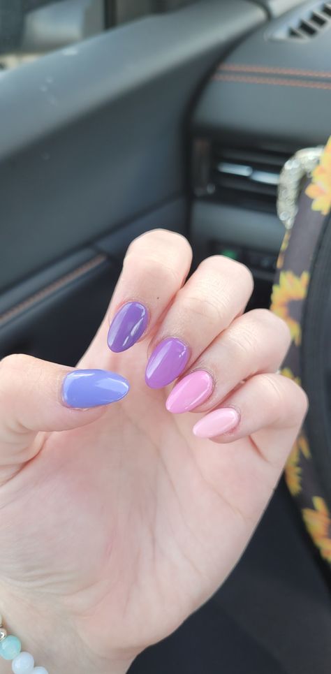 purple & pink aestethic gradient acrylic gel nails, ombre purple, blue, pink gel nails, dip nails, almond shaped nails, short nails Pink Purple Summer Nails, Nails Pink Purple Blue, Pink Purple Pastel Nails, Gradient Short Nails, Multi Colored Purple Nails, Purple Nails Gradient, Almond Shaped Dip Nails, Pink And Blue Gradient Nails, Purple And Pink Nails Ideas