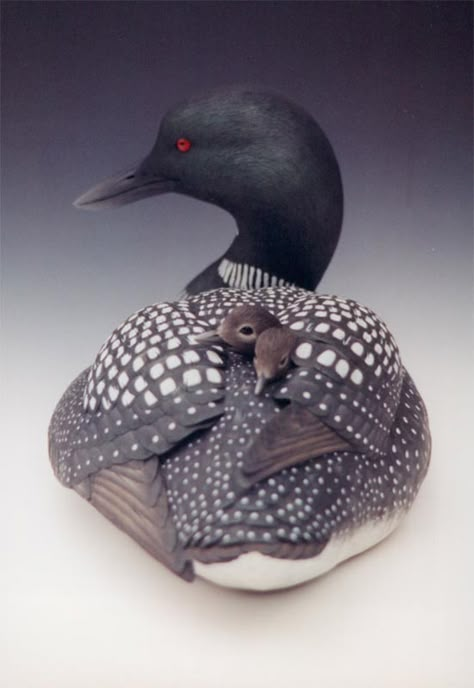 Wildfowl Design- The Carvings of Dennis Schroeder: Decorative Loon with Chicks Loon Decor, Duck Hunting Decals, Moon Moodboard, Bird Carving Patterns, Carved Wooden Animals, Hunting Decal, Common Loon, Decoy Carving, Carved Wooden Birds