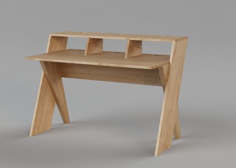 A desk from a single sheet of plywood. Designed as a flatpack so it can be assembled in place Small Plywood Projects, Wood Desk Design, Flatpack Furniture, Keyboard Table, Home Studio Desk, Woodworking At Home, Plywood Desk, Dorm Desk, Plywood Design