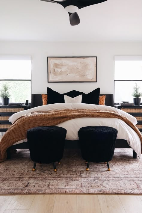 Bedroom Ideas For Couples Black Bedframe, Black Beach Bedroom Ideas, Bedroom Blankets Ideas, Blakc And White Bedding, Black Brown Neutral Bedroom, Gender Neutral Couples Bedroom, Comforter For Black Headboard, Bed With Black Leather Headboard, Black And Cream Bedding Neutral Bedrooms