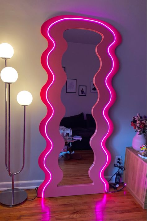 LED mirror. Blob mirror. Tall curvy mirror. Pink home decor Squiggly Mirror Aesthetic, Curvy Glow Mirror, Swirl Mirror, Funky Lamps Bedroom, Groovy Mirror, Wiggle Mirror, Maximalist Makeup Room, Swirly Mirror, Fun Mirror Ideas