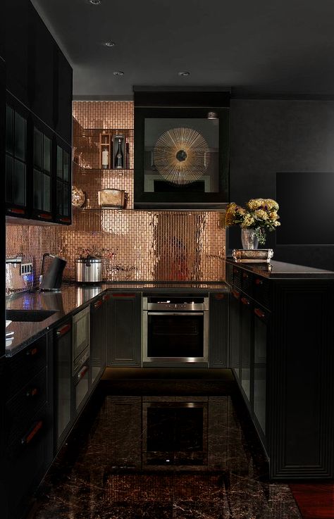 STUDY IN BLACK & COPPER (black & tan) Black Copper Living Room, Copper And Black Living Room, Black And Copper Bar, Black And Copper Kitchen Appliances, Black And Copper Decor, Black Kitchen Copper Accents, Black And Tan Kitchen Decor Ideas, Dark Kitchen With Gold Accents, Black And Copper Interior Design