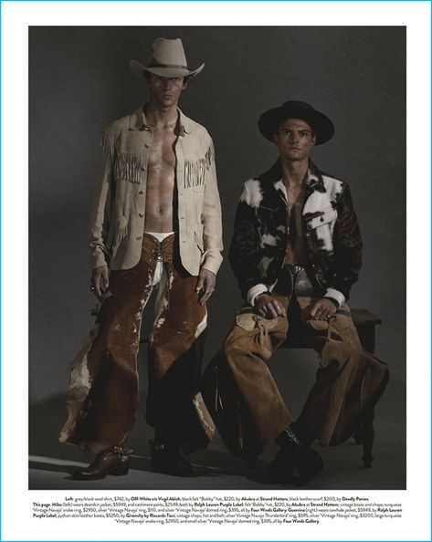 Miles Hurley and Guerrino Santulliana rock chaps and shirt jackets for the pages of GQ Australia. Gq Australia, Modern Cowboy, Cowboy Costume, Urban Cowboy, Space Cowboys, Mens Editorial, Cowboy Party, Cowboy Outfits, Western Look