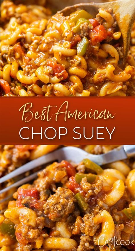 chop suey with ground beef and peppers and tomatoes. Healthy Classic Recipes, American Chop Suey Instant Pot, Baked Chop Suey Casserole, Healthy American Chop Suey Recipe, Beef American Chop Suey, American Chop Suey Crockpot, Crock Pot American Chop Suey, Gluten Free American Chop Suey, The Cozy Cook Recipes Beef