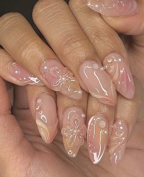 Jelly Nail Inspiration, Blooming Gel Almond Nails, Gel X Pink Nails, Cool Nail Inspo 2024 Almond, Dreamy Nail Designs, Liquid Gel Nails Designs, Nail Art Aesthetic Pink, Gel X Nail Inspo Almond, Poly Gel Nail Designs