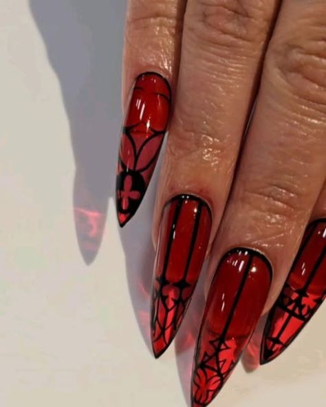 𝕰𝖑𝖎𝖘𝖊 on Instagram: "🖤 Gothic Cathedral 🖤  Inspo: @spellboundxnails   #gothic #red #rednails #gorgeous #creepy #stilettonails #stilettos #halloweennails #halloween #hot #longnails #long #nailsoftheday #nailsnailsnails #nails #nailtechnician #nailart #handpaintednailart #handpainted #art #artistsoninstagram #artist #linework #inspo #nailinspo #viral #dreamjob" Press On Gothic Nails, Gothic Nails Valentines, Goth Jelly Nails, Alt Stilettos Nails, Goth Nails Valentines, Valentines Grunge Nails, Long Stiletto Nails Valentines, Nails Red Black Gold, Horror Nails Easy