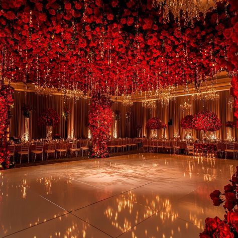 Red Venue Wedding, Rose Gold And Red Wedding Theme, Red Wedding Venue Decorations, Red Wedding Venue Ideas, Royal Reception Decor, Elegant Wedding Red Roses, All Red Wedding Reception, Romantic Set Design, Red Theme Wedding Reception