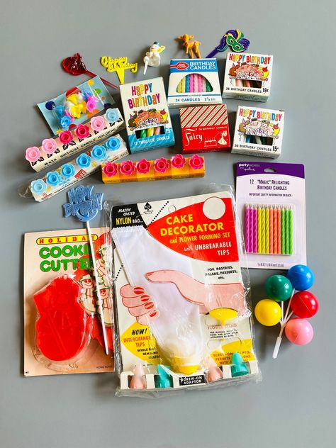 Fabulous lot of vintage cake decorating set.  Included are six vintage birthday candle boxes.  Four have been used.  Four packs of candleholders, a cake decorating kit (NOS), a snowman cookie cutter (unused, package has been cut, and random cake picks.   Vintage condition with some wear to the paper, the cellophane on the decorating kit has a hole.  Review photos closely and ask questions before purchasing.  Thank you for looking! -Please, zoom in and view photos closely and read description carefully.  Due to the nature and age of vintage and antique items, I do not accept exchanges or returns but, let me know if you have any questions before purchasing. -I wrap all my packages carefully, please unwrap them with care.   I am NOT responsible for damaged, broken, lost, stolen, or delays cau Vintage Cake Decorating, Retro Birthday Party, Retro Birthday Parties, Candle Boxes, Candles Cake, Snowman Cookie, Vintage Birthday Parties, Birthday Baking, 36th Birthday