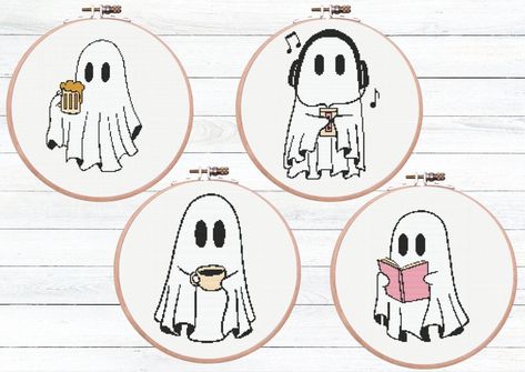 👻 Ghost Cross Stitch Pattern Pack👻 *4 patterns included *Only 6 DMC colours used for all 4 patterns  📖 BOOK GHOST PATTERN DETAILS * Design area: 94w X 133h Stitches * Fabric: Aida 16, Any fabric you like * Size: 14.9 x 21.1 cm or 5.8 x 8.3 inch * DMC Colors: 5 ☕ COFFEE GHOST PATTERN DETAILS * Design area: 94w X 133h Stitches * Fabric: Aida 16, Any fabric you like * Size: 14.9 x 21.1 cm or 5.8 x 8.3 inch * DMC Colors: 3 🍺 BEER GHOST PATTERN DETAILS * Design area: 97w X 132h Stitches * Fabric: Ghost Cross Stitch, Ghost Pattern, Tattoos Women, Embroidery And Stitching, Cute Ghost, Pattern Books, Product Photos, Cross Stitch Pattern, Le Point