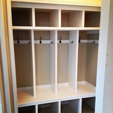 At it's most basic, this would be ideal: 4 lockers, storage above each (cubby and/or cabinet), storage below each (drawer), and 3+ hooks per locker. We have no problem with it looking built into the pre-existing closet structure (no need to knock out walls). Closet Locker Ideas, Diy Mudroom Lockers Easy, Closet To Locker Conversion, White Lockers Mudroom, Turn Closet Into Mudroom Lockers, Plans For Mudroom Lockers, Mudroom Cubby Dimensions, Closet Conversion, Mudroom Closet