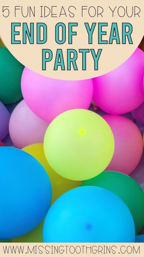 Celebrate the end of the school year with these fun party ideas! Throwing an end of year party doesn't have to mean you spend hours decorating or empty your bank account! Follow these easy and fun party themes for a memorable end of year party for kids. Get ideas for activities, games, decor, and more for kindergarten, 1st grade, 2nd grade, and 3rd grade. Read more here! End Of Year Party Ideas, End Of School Year Party, Class Party Ideas, Class Party Activities, End Of The Year Celebration, School Party Games, Classroom Party Games, Summer Learning Activities, Kindergarten Party