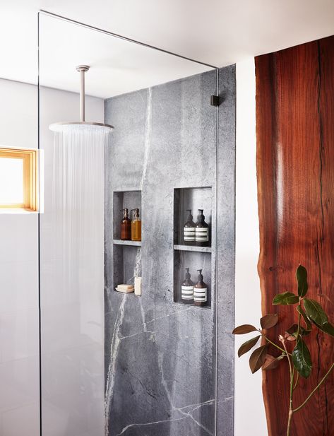 Soapstone Shower Walls, Quartz Shower Wall, Slab Shower Walls, Moody Rooms, Master Bath And Closet, Porcelain Slab, Interior Design Portfolios, Spa Bathroom, Emerald Bay