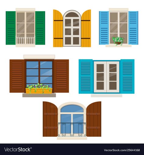 Open Window Illustration, Window Frames Exterior, Colorful Shutters, Windows With Shutters, Windows Shutters, Wood Window Frame, Plants Illustration, Window Illustration, House Shutters