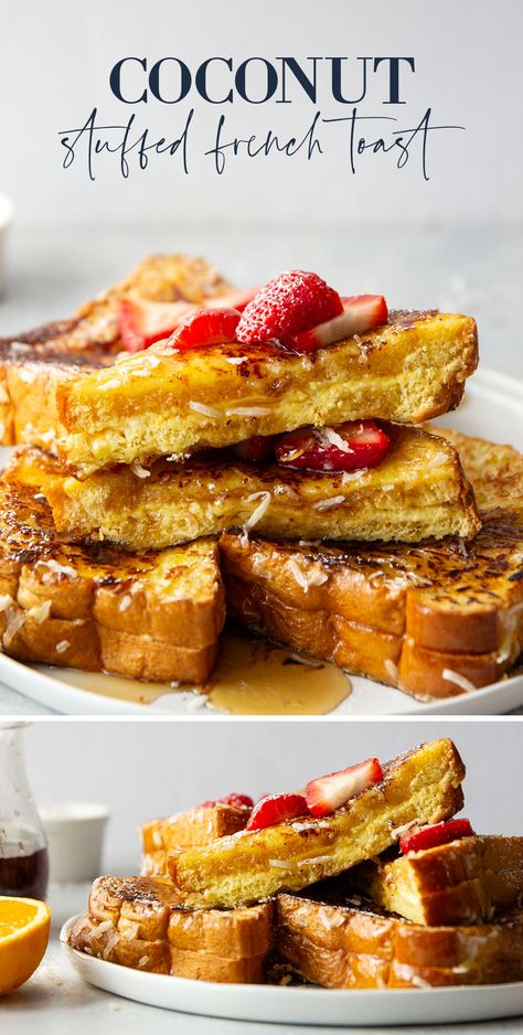 Stuffed with an orange cream cheese and dipped in flaked coconut, this coconut stuffed French toast is easy to make and the best tropical breakfast! Coconut Stuffed French Toast, Coconut French Toast Recipe, Stuffed French Toast Sticks, Cream Cheese Stuffed French Toast, Healthy 2024, Tropical Breakfast, Coconut French Toast, Orange Cream Cheese, Summer Pie