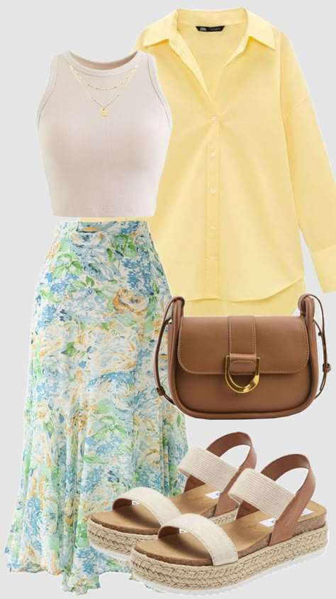 #yellow #summer #outfit #springoutfit #spring #modestoutfit #skirt #churchoutfit #aesthetic #outfitinspo #christiangirl #fashion #ootd #picnicoutfit Casual Church Outfit, Yellow Summer Outfit, Shuffles Outfits, Church Outfit, Modest Summer, Modest Summer Outfits, Summer Outfit, Ootd, Skirt