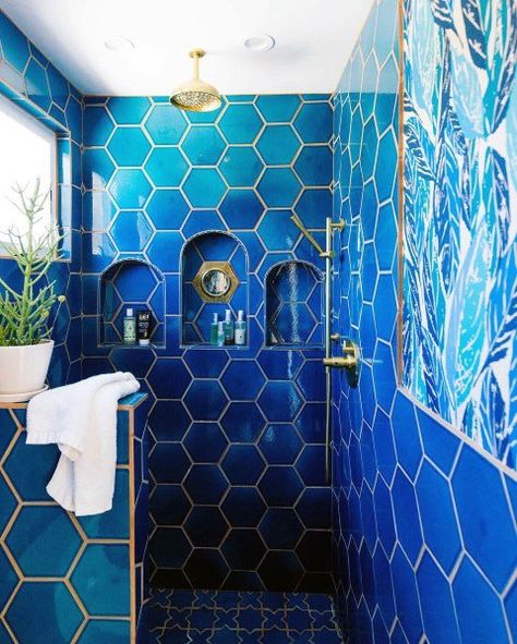 Hexagon Blue Tiles With Gold Grout Bathroom Interior Design Blue Bathrooms Designs, Gold Bathroom Decor, Themed Bathroom, Gold Bathroom, Blue Bathroom, Blue Tiles, White Bathroom, Diy Bathroom, Bathroom Inspiration