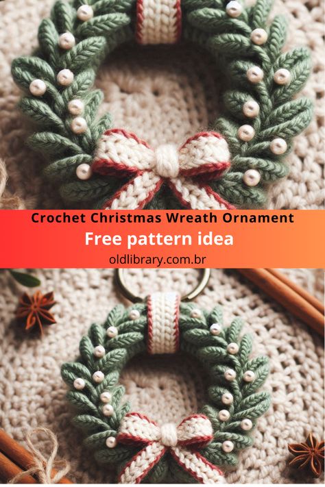 Crochet Garlands Christmas, Crochet Doorknob Cover, Christmas Crochet Wreath Patterns Free, Knitted Wreath Pattern, Crocheted Wreaths Free Patterns, Crochet Wreath Ornament Free Pattern, Crochet Wreaths Ideas, Crochet Car Ornament Free Pattern, Crochet Christmas Wreath Free Pattern