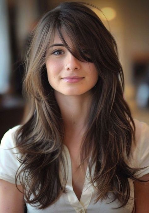 Oval Face Hair Cuts Women, Hair Cuts Ideas For Oval Shape Face, Long Layers Side Bangs, Oval Shape Haircut For Women, Hair Shaping, Haircut Ideas Trendy, Haley Bennett, Layered Hair With Bangs, Hair Inspiration Long