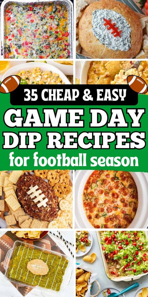 Quick and easy game day dips, football tailgate snacks and superbowl game day appetizers for football season parties, such as cheesy velveeta crockpot dip, queso, buffalo chicken, and easy no bake cold dips recipes. Football Game Dips Crock Pot, Football Party Foods Crockpot, Dips For Football Season, Football Potluck Ideas, Game Day Dips Football Season, Football Dips Recipes Parties, Game Day Recipes Football, Dips Superbowl, Easy Football Food Ideas