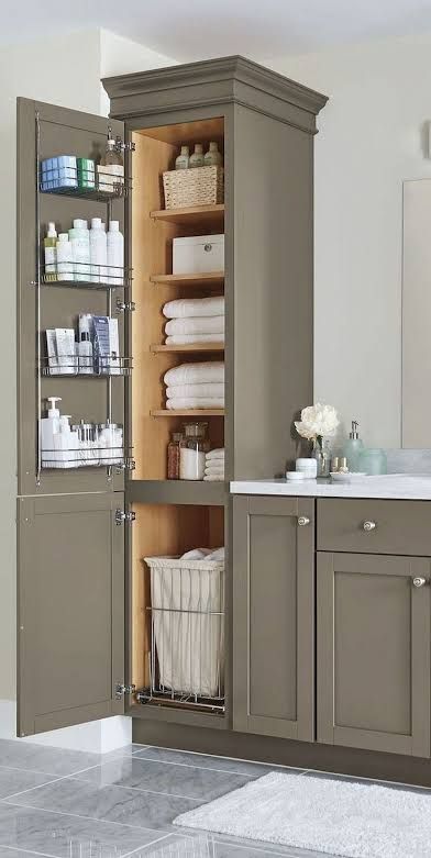 Tower Cabinet Bathroom, Built In Bathroom Linen Storage, Double Vanity With Center Linen Cabinet, Bathroom Vanity With Side Cabinet Tower, Double Vanity With Linen Tower, Small Bathroom With Storage Ideas, Cabinet Between Bathroom Sinks, Master Bath Linen Cabinet, Family Bathroom Storage