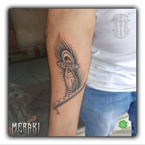 Krishna Basuri Tattoo, Krishna Tattoo Design For Men, Meraki Tattoo, Flute Tattoo, Krishna Sketch, Krishna Tattoo, Karma Tattoo, Hipster Tattoo, Chakra Tattoo