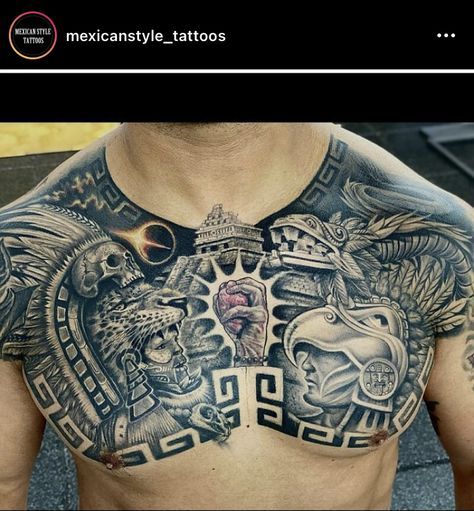 Aztec Tattoo Chest, Aztec Chest Tattoo Men, Aztec Chest Tattoo, With Meaning Tattoo, Aztec Tattoo Mexican, Calf Tattoo Ideas, Grandfather Tattoo, Tattoo Designs With Meaning, Collar Tattoo