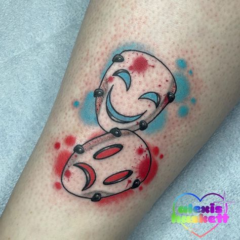 🍱Alexis Haskett🍥 on Instagram: “High Rise Invasion Comedy Tragedy Masks from my flash- Thanks as always, Kailee! #cincinnati #cincinnatitattoo #cincinnatitattooartist…” High Rise Invasion Tattoo, Comedy And Tragedy Tattoo, Comedy Tragedy Tattoo, High Invasion, Cincinnati Tattoo, Anime Tats, Comedy Tragedy Masks, High Rise Invasion, Tragedy Mask