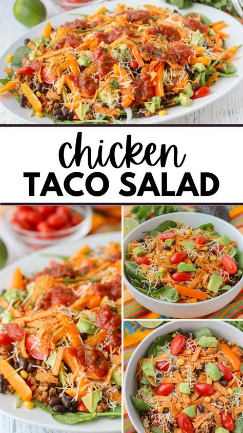 This Chicken Taco Salad is packed with fresh veggies and protein! Taco-seasoned chicken is cooked in a zesty cilantro lime sauce, then tossed in a spinach salad loaded with beans, avocado and corn. A hearty helping of cheese, salsa and tortilla strips make this the best taco salad ever perfect for an easy lunch or dinner! Taco Salad Chicken Recipe, Rotisserie Chicken Taco Salad, Chicken Taco Salad Bowl, Taco Salad With Chicken, Ground Chicken Taco Salad, Shredded Chicken Taco Salad, Grilled Chicken Taco Salad, Taco Salad Bar, Best Taco Salad