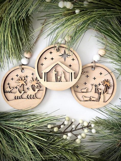 Laser Cut Christmas Ideas Wooden Nativity Ornaments, Wood Laser Ornaments, Christmas Ornament Laser Cut, Christmas Ornaments Laser Cut, Laser Engraved Ornaments, Laser Cut Christmas Decorations, Laser Ornaments, Laser Cut Christmas Ornaments, Layered Ornaments