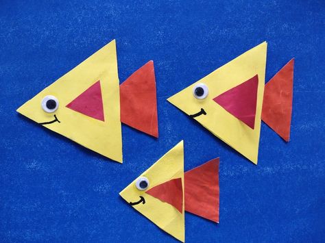 Shape Fish Craft Preschool, Triangle Fish Craft Preschool, Triangle Shape Activity For Preschool, Triangle Projects For Preschool, Triangle Crafts For Preschoolers, Triangle Shape Crafts For Preschool, Shape Fish Craft, Triangle Preschool Crafts, Triangle Art Preschool