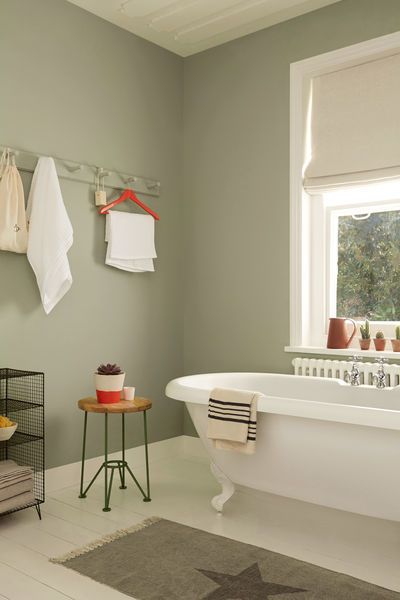 Pale, muted greens make for a serene bathroom space. Try Overtly Olive on bathroom walls with splashes of bright red or coral to add a twist. Dulux Overtly Olive, Overtly Olive, Olive Green Bathrooms, Bathroom Paint Ideas, Makeover Kamar Mandi, Kitchen Colour, Neutral Green, Serene Bathroom, Dulux Paint