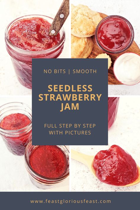 This Seedless Strawberry Jam is a quick, easy and no fuss recipe for making a fabulously smooth and sweet strawberry preserve. It’s perfect served classically with scones, as a cake filling or simply slathered on toast! Seedless Strawberry Jam Recipe, Seedless Strawberry, Strawberry Preserve, Queen Of Puddings, Homemade Condensed Milk, Peach Compote, Blueberry Jam Recipe, Strawberry Freezer Jam, Strawberry Cake Filling