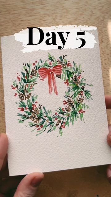 Watercolor Christmas Wreath Tutorial, Easy Watercolor Christmas Cards Ideas, Watercolor Wreath Christmas, Christmas Wreath Watercolor, Christmas Watercolors, Dark Greenery, Christmas Wreath Illustration, Hand Painted Christmas Cards, Watercolor Christmas Wreath