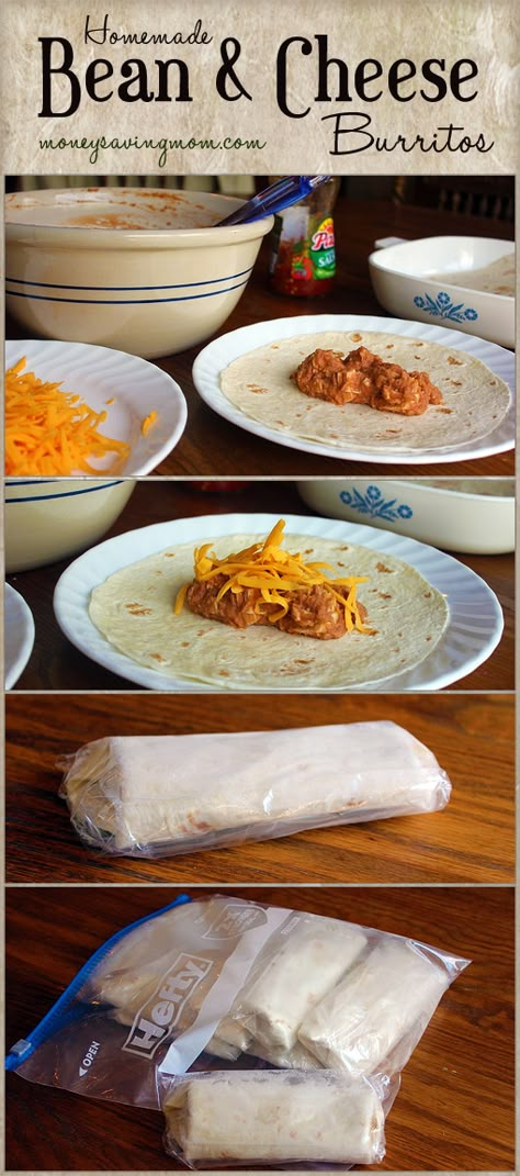 Never buy frozen burritos again! You can make these Bean & Cheese Burritos in less than 15 minutes and they cost less than $0.30 each! Frozen Burritos, Diy Lunch, Homemade Beans, Breastfeeding Mom, Lunch Idea, Pictures Of Food, Freezer Cooking, Make Ahead Meals, Frozen Meals