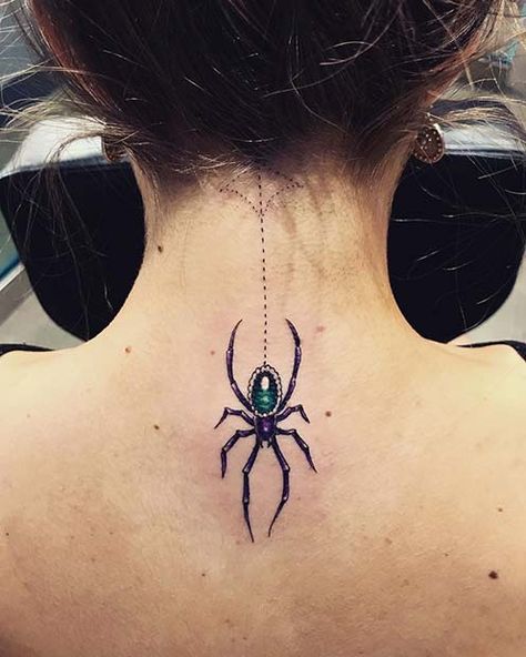 Pretty Spider Tattoos For Women, Jeweled Spider Tattoo, Spider And Web Tattoo For Women, Spider Jewel Tattoo, Diamond Spider Tattoo, Crystal Spider Tattoo, Gem Spider Tattoo, Goth Neck Tattoos Women, Jewel Spider Tattoo