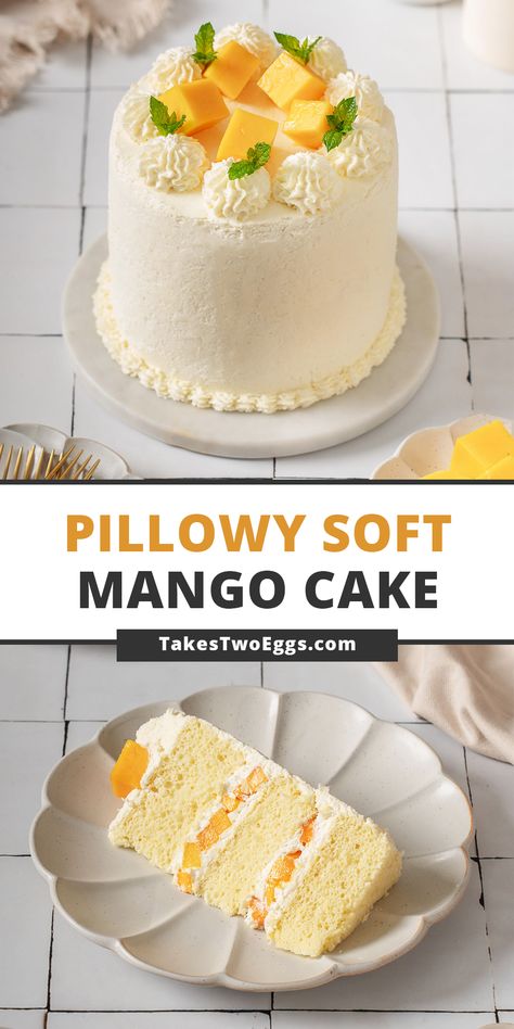 Haupia Cake Recipe Hawaii, Mango Fresh Cream Cake, Cake With Fruit Inside, Mango Meringue Cake, Mango Chantilly Cake, Vanilla Mango Cake, Cakes From Around The World, Asian Cakes Recipe, Mango Cloud Cake