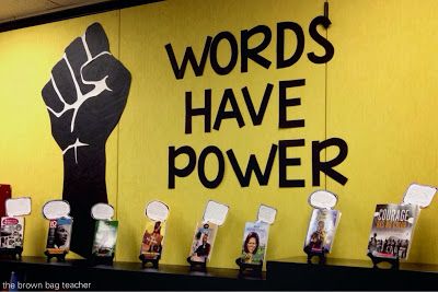 Words Have Power {Book Display}  http://thebrownbagteacher.blogspot.com/2014/01/words-have-power-book-display.html History Bulletin Boards, Words Have Power, Library Book Displays, Library Bulletin Boards, Chicken Crockpot, History Classroom, History Quotes, Wedding Activities, Library Displays