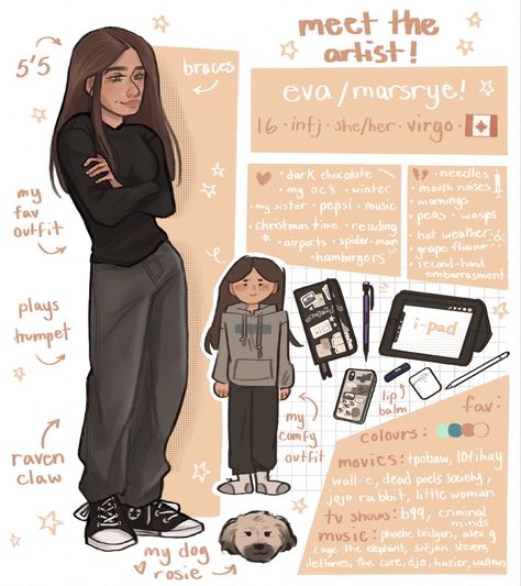 Meet The Artist Aesthetic, Artist Oc Drawing, How To Make A Character Sheet, Meet The Oc Drawing, Character Page Layout, Persona Art Character Design, Artist Journal Sketchbooks, Meet The Artist Template Blank, About The Artist Template