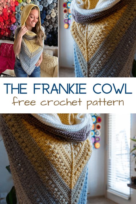 It's a shawl, it's a cowl, it's a fabulous fall accessory for all! Let's make a Frankie Cowl together using this free crochet pattern! Crochet Cowl Beginner, Hat And Cowl Crochet Pattern, Hooded Triangle Scarf Crochet Pattern, Lion Brand Scarfie Yarn Patterns Crochet Free, Hooded Cowl Free Crochet Pattern, Crochet Cowl Neck Poncho, Crocheted Cowl Patterns Free, Cowl Neck Poncho Crochet Free Pattern, Crochet Snood Cowl