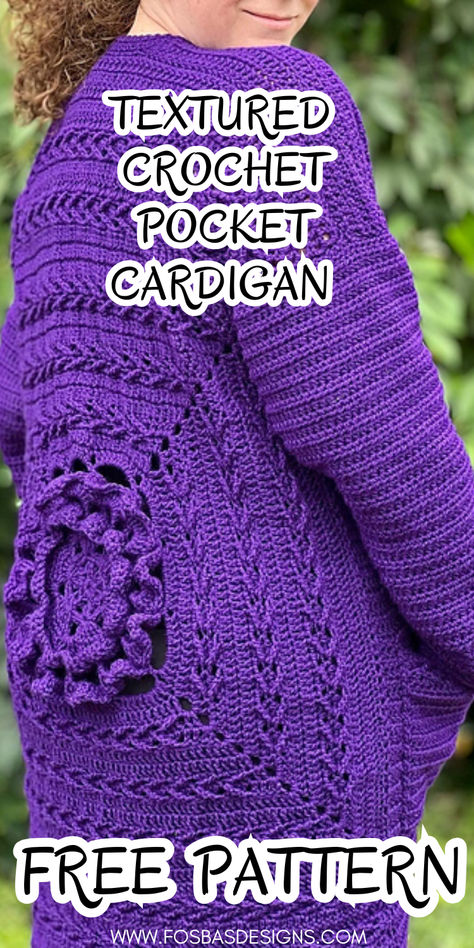 Free Crochet pocket cardigan pattern in 9 different sizes. Easy Crochet Cardigan Pattern, Easy Crochet Cardigan, Crochet Pocket, Textured Crochet, Fall Cardigan, Aran Weight Yarn, Cardigan With Pockets, Short Cardigan, Pocket Cardigan