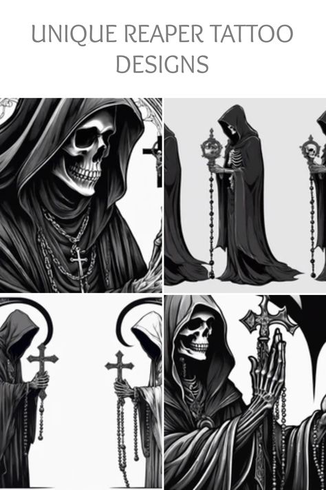 Discover the most eye-catching reaper tattoo ideas that balance the themes of mortality and life. These designs are perfect for those fascinated by the mystique of the grim reaper. Ranging from elegant images of the reaper praying with a rosary to intricate pieces showcasing sheer artistry, our collection caters to everyone Cute Grim Reaper Tattoo, Reaper Tattoo Ideas, Reaper Tattoo Designs, Grim Reaper Drawing, Cute Grim Reaper, Reaper Drawing, Tattoo Generator, Dragon Bird, Dream Catcher Tattoo Design